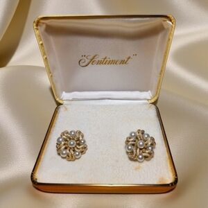 Vintage Mid Century Sentiment Gold Tone Faux Pearl Knot Clip-On Earrings